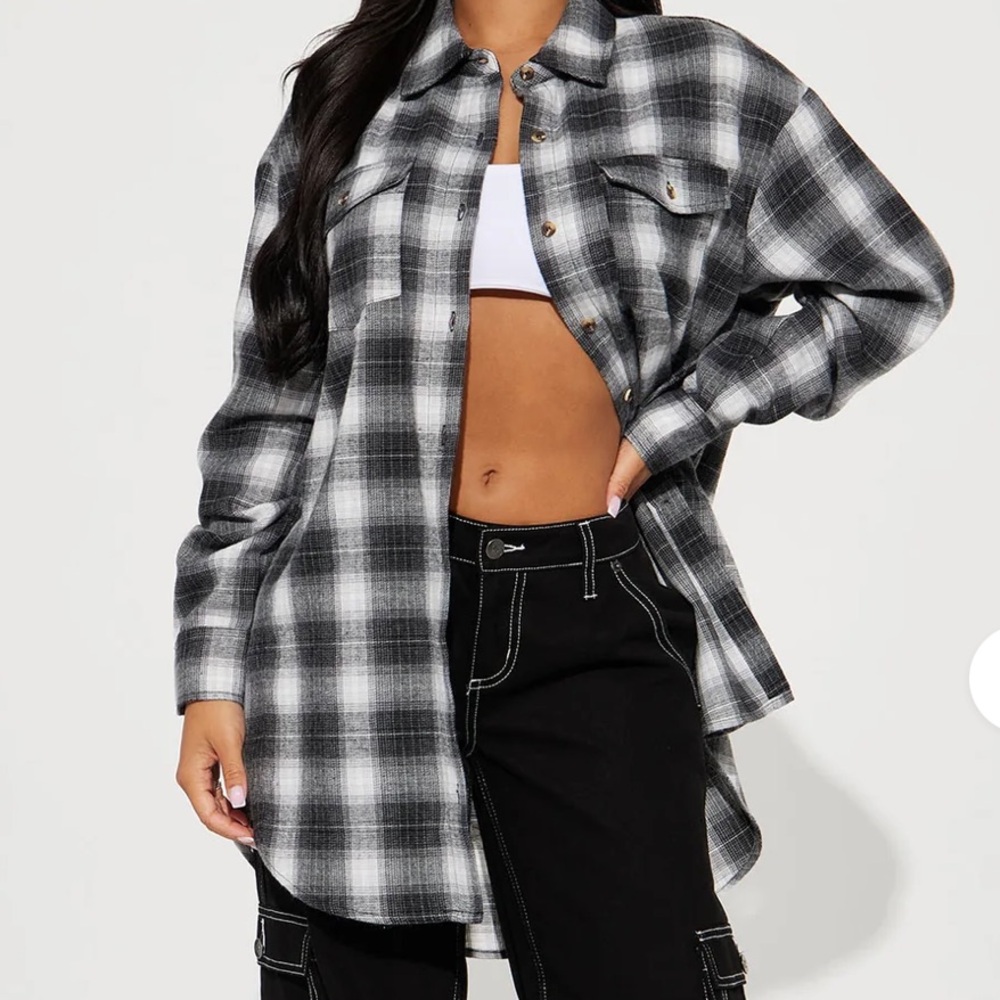 Fashion Nova, Long And Oversized, Loose, Throw On Flannel, Black And White Plaid